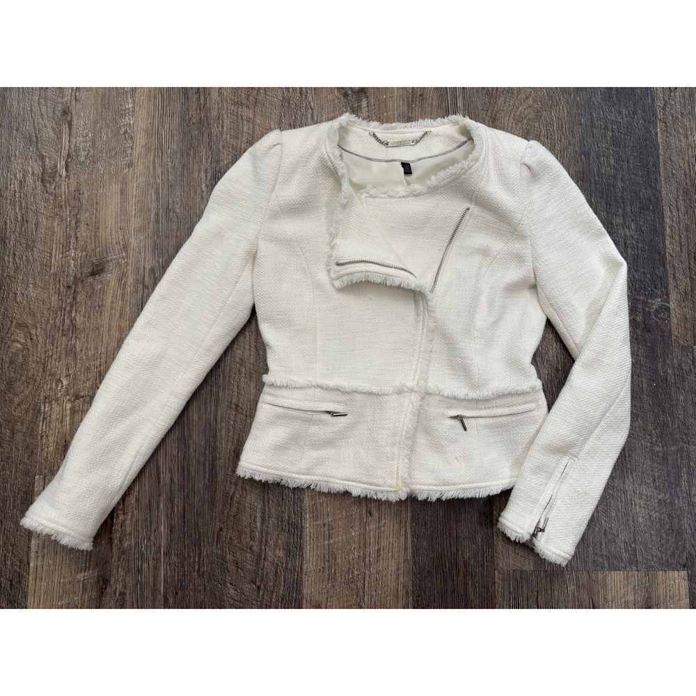 White House Black Market Ivory Tweed Fringe Moto Jacket Size 2 Asymmetric Zip